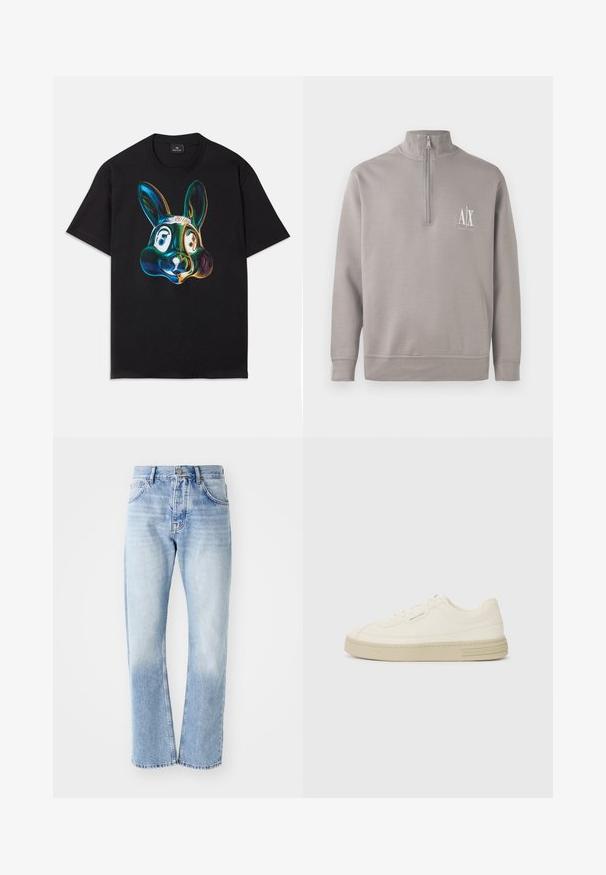 Lysegrå kvart-zip trøje lavet af blødt materiale, med et lille hvidt logo på brystet samt elastiske manchetter og kant.; Sort bomulds t-shirt med en farverig, abstrakt kaninansigt illustration på forsiden. Rund hals, korte ærmer og løs pasform.; Lyseblå denim jeans med lige ben. Har en fem-lomme design, knaplukning og en falmet tekstur mod bunden.; Hvide kanvas sneakers med en tekstureret gummisål, der har en syet tåhætte og logoaccent på hælen. Simpel snørebåndsdesign.