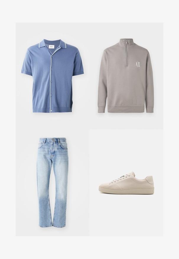 Pulover gri deschis, cu fermoar pe un sfert, confecționat din material moale, având un mic logo alb pe piept și manșete și tiv elastic.; NN.07 NOLAN - Cămașă - blue; Jeans din denim de culoare bleu deschis, cu croială dreaptă. Prezintă un design cu cinci buzunare, fermoar cu nasturi și o textură estompată spre partea de jos.; Adidași din piele bej cu un finisaj neted, vârf rotunjit, talpă plată și un design clasic cu șireturi. Accente de cusături subtile și talpă texturată.