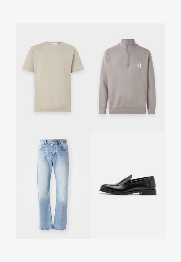 Light gray quarter-zip pullover made of soft material, featuring a small white logo on the chest and elasticated cuffs and hem.; Beige cotton t-shirt, short sleeves, crew neck, solid color without patterns, relaxed fit, with a label reading "CLOSED" at the neckline.; Light blue denim jeans with a straight-leg cut. Features a five-pocket design, button fly, and faded texture towards the bottom.; Black leather loafers with a smooth texture, rounded toe, and a decorative strap across the vamp. Low stacked heel, minimalist design.