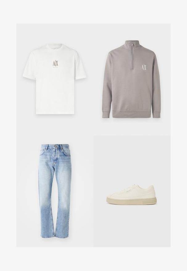 Pullover cinza claro com zip de um quarto, feito de material suave, apresentando um pequeno logotipo branco no peito e punhos e bainha elásticos.; T-shirt de algodão branco com decote redondo. Apresenta um pequeno logótipo bege "A|X" e "ARMANI EXCHANGE" impresso abaixo. Mangas curtas, corte regular.; Calças de ganga azul claro com corte de perna reta. Apresenta um design de cinco bolsos, fecho de botão e uma textura desbotada na parte inferior.; Ténis de tela brancos com sola de borracha texturizada, apresentando uma biqueira cosida e um detalhe com o logótipo no calcanhar. Design simples com atacadores.