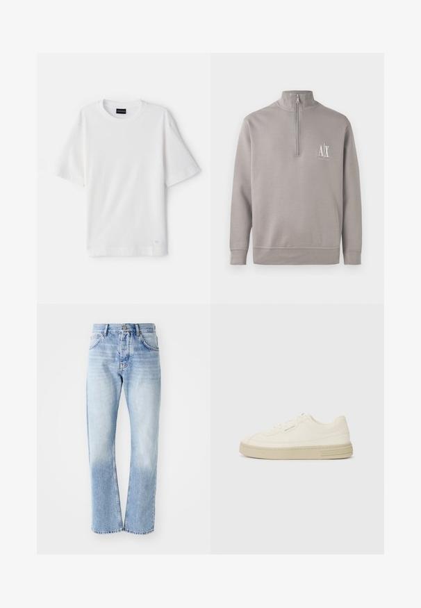 Svetlo sivi pulover s četrt zadrgo, izdelan iz mehkega materiala, z majhnim belim logotipom na prsih ter elastičnimi manšetami in robom.; Bela kratka majica s kratkimi rokavi, izdelana iz teksturiranega, rebrastega materiala. Ima okroglo izrez in majhen logotip kot okras pri robu.; Svijetloplavi traperice s ravnim nogavicama. Sadrže dizajn s pet džepova, patentni zatvarač i izbjeljenu teksturu prema dnu.; Bele platnene športne copate z teksturirano gumijasto podplatom, ki imajo šivani zaščitni prst in logo na peti. Enostavna zasnova z vezalkami.