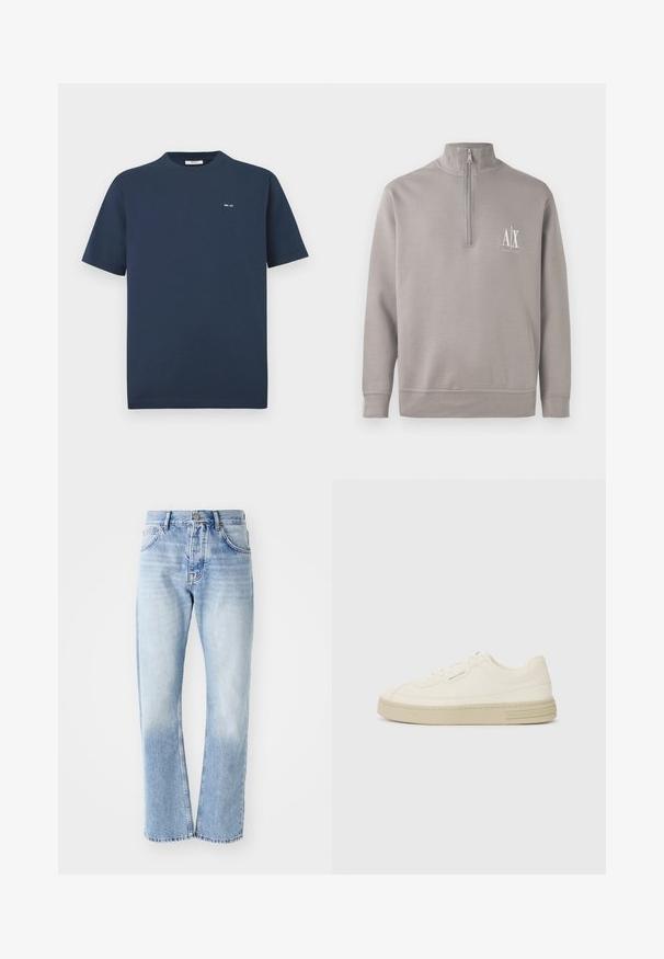 Sudadera de media cremallera en gris claro, fabricada en material suave, con un pequeño logo blanco en el pecho y puños y dobladillo elásticos.; Camiseta de manga corta azul marino con cuello redondo y pequeño logo blanco "NN. 07" en el lado izquierdo del pecho sobre un fondo blanco.; Jeans de mezclilla azul claro con corte recto. Presenta un diseño de cinco bolsillos, cierre de botón y una textura deslavada hacia la parte inferior.; Zapatillas de lona blancas con suela de goma texturizada, que cuentan con una puntera cosida y un acento de logo en el talón. Diseño simple de cordones.