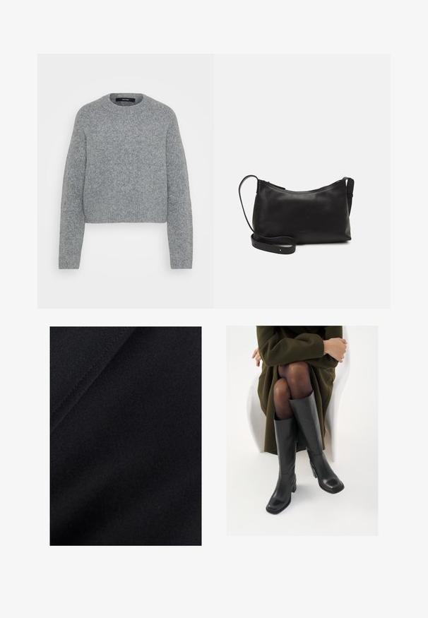 Zachte grijze gebreide lange mouwen trui met ronde hals en ribgebreide manchetten, zoom en halslijn, weergegeven tegen een effen achtergrond.; Zwarte stof met een gladde textuur, met subtiele variaties in glans en een lichte rek, ideaal voor kleding of bekleding.; Knieschijf hoge zwarte leren laarzen met een vierkante neus en blokhak, getoond met een model dat zit in een olijfgroene jas. Gladde textuur, minimale details.; Zwarte leren schoudertas met een gladde textuur, gebogen vorm, verstelbare schouderband en een ritsafsluiting. Minimalistisch ontwerp zonder versieringen.
