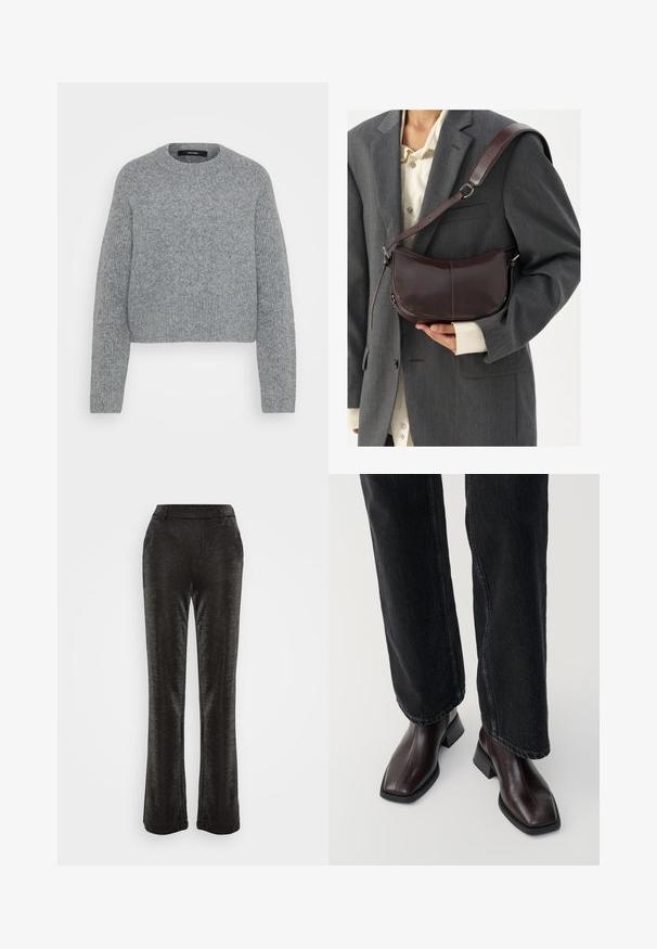 Švelni pilkšva megzta ilgos rankovės palaidinė su apvaliu iškirpimu ir raukiniais ant rankovių, apatinės dalies ir iškirpimo, pristatyta prieš vienodą foną.; Juodos, platėjančios kelnės, pagamintos iš tekstūruoto, blizgaus audinio. Turi prigludusią juosmenį ir šonines kišenes, su lygiu siluetu iki apdailos.; Rudos odinės aulinės avalynės su kvadratiniu pirštu ir blokuoto tipo kulnu, derinamos su juodomis plačiomis kelnėmis. Lygus tekstūras ir minimalistiškas dizainas.; Ruda odinė pečių rankinė su išlenktu dizainu, pasižyminti nuimama juosta, glotnia tekstūra ir matomomis siūlų detalėmis.