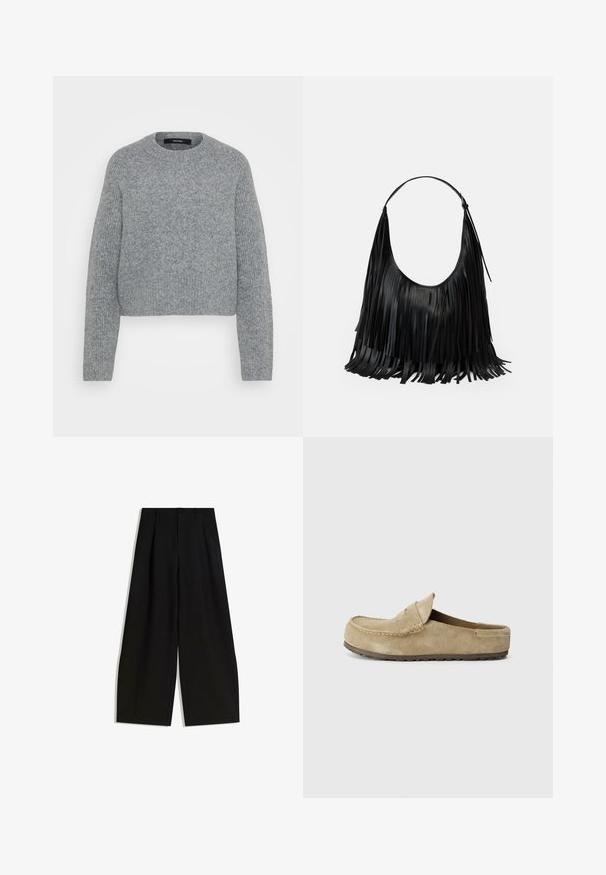 Mehakki siva pletena dolga majica z dolgimi rokavi in okroglim izrezom, z ribastimi manšeti, robom in izrezom, prikazana na enostavni podlagi.; Črne široke hlače iz gladkega materiala, z visokim pasom, gubami spredaj in brez vidnih okraskov ali vzorcev.; Birkenstock NAPLES WRAPPED LEVE TAUPEN - REGULAR - Natikači - taupe; Črna usnjena torba z resicami, ukrivljene oblike in enojnim naramnim trakcem. Gladka tekstura z minimalističnim dizajnom.