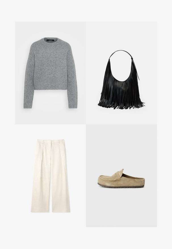 Mehakki siva pletena dolga majica z dolgimi rokavi in okroglim izrezom, z ribastimi manšeti, robom in izrezom, prikazana na enostavni podlagi.; Svetlo bež široke hlače iz strukture tkanine, z sprednjimi gubami, ravnim pasom in brez vidnih kovinskih delov ali okrasjev.; Birkenstock NAPLES WRAPPED LEVE TAUPEN - REGULAR - Natikači - taupe; Črna usnjena torba z resicami, ukrivljene oblike in enojnim naramnim trakcem. Gladka tekstura z minimalističnim dizajnom.