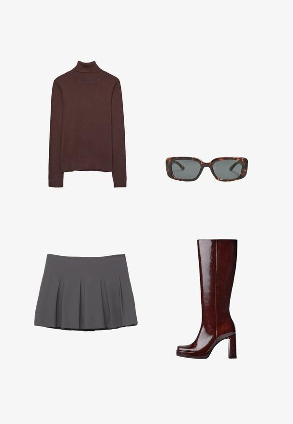 Hnědý rolák vyrobený z měkkého materiálu, s přiléhavým střihem, žebrovaným límcem a manžetami, a mírně zkráceným lemem.; Šedá plisovaná sukně s hladkým povrchem, zdobená prošitými detaily a přiléhavým pasem, končící v polovině stehna.; Lakované kožené boty v barvě burgundské, sahající po kolena, s čtveratou špičkou, vyvýšenou platformou a robustním blokovým podpatkem. Hladký povrch s minimem detailů.; Sluneční brýle ve stylu želvoviny s obdélníkovými čočkami, silnými rámy a tmavými zbarvenými čočkami. Hladký povrch a minimalistický design.; Hnědá a krémová kravská kůže ramenní taška s hladkým koženým popruhem, zipovým uzavřením a jemným, texturovaným povrchem s přírodním vzorem.