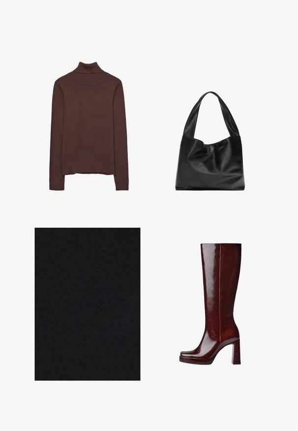 Pull en col roulé marron en tissu doux, avec une coupe ajustée, un col et des poignets côtelés, et un ourlet légèrement cropped.; Texture de tissu noir avec une finition lisse, une couleur uniforme et un subtil éclat, adapté à diverses applications et vêtements.; Bottes en cuir verni bourgogne, hauteur genou, avec un bout carré, une plateforme surélevée et un talon bloc épais. Texture lisse avec un minimum de détails.; Sac fourre-tout en cuir noir au design souple et décontracté, avec de larges poignées et une texture lisse. Pas de quincaillerie ni d'ornements visibles.