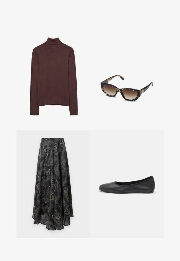 Brown turtleneck sweater made of soft fabric, featuring a fitted design, ribbed collar and cuffs, and a slightly cropped hem.; Paul & Joe JUPE - Maxi skirt - marine; Black leather ballet flat with a rounded toe, smooth texture, minimal stitching detail, and a flexible sole design.; Brown and black tortoiseshell sunglasses with angular cat-eye shape, gradient lenses, and thick frame. Logo printed on temples.; Black leather bucket bag with a textured finish, gold hardware accents, and an open top. Features a short handle and adjustable shoulder strap.