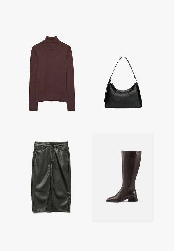 Brązowy sweter z golfem wykonany z miękkiego materiału, charakteryzujący się dopasowanym krojem, prążkowanym kołnierzem i mankietami oraz lekko skróconym dołem.; Czarna skórzana spódnica o dopasowanym kroju, z przednimi kieszeniami i rozcięciem z przodu, charakteryzująca się gładką fakturą i eleganckim wykończeniem.; Kozaki skórzane w kolorze brązowym, sięgające do kolan, z gładkim wykończeniem, zaokrąglonym noskiem i czarnym, podwyższonym obcasem. Prosty design z minimalną ilością detali metalowych.; Czarna torebka z syntetycznej skóry o zaokrąglonym kształcie, z krótkim uchwytem, zamykana na zamek błyskawiczny, z delikatnym teksturowanym wzorem na powierzchni.