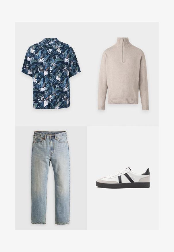 Beige kwart-rits trui in zachte gebreide stof. Voorzien van een ribbelkraag en -manchetten, met een ontspannen pasvorm en naadloos ontwerp.; Korte mouw shirt in donkerblauw met een bloemenprint. Bevat tropische bladeren en witte bloemen, met een kraaghals en knoopsluiting.; Lichtblauwe denim jeans met hoge taille, frontknop, rits en vijfzakkenontwerp, plat gelegd op een neutrale achtergrond.; Witte sneaker met zwarte en grijze accenten, voorzien van een grijze neus met textuur, zwarte rubberen zool en platte witte veters. Schoon ontwerp, minimalistische stijl.