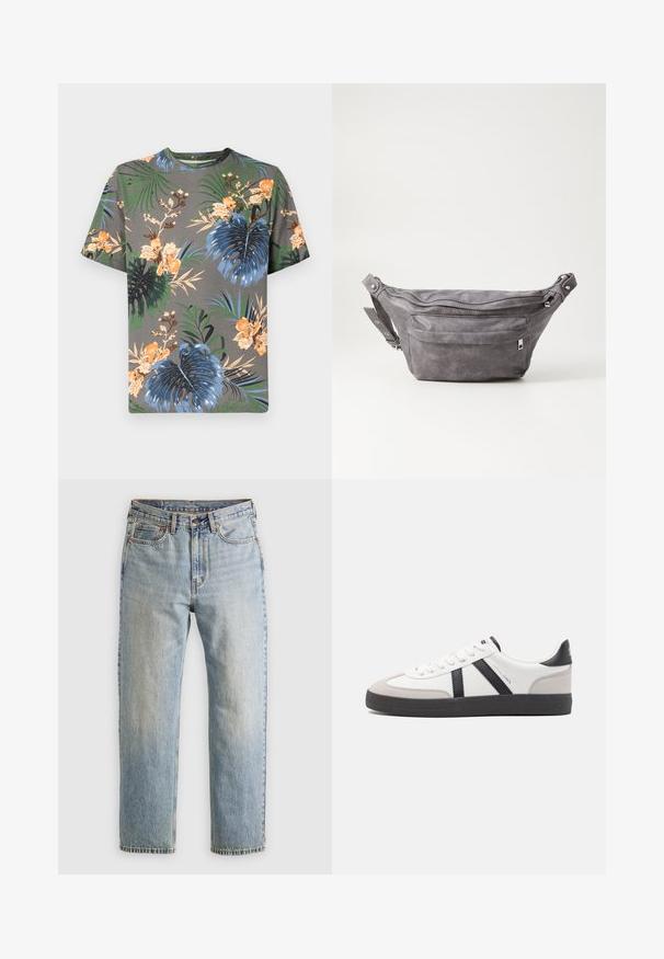 Smėlio spalvos ketvirčio užtrauktuko megztinis iš minkštos mezginio medžiagos. Su išplėstiniu apykakle ir rankogaliais, laisvu pjūviu ir besiūle konstrukcija.; Trumpas rankovėmis marškinėliai iš pilkos medvilnės su tropiniu gėlių raštu oranžinės, mėlynos, žalios ir bežinės spalvomis, su įvairiais lapų raštais.; Šviesiai mėlynos džinsinės kelnės su aukštu liemeniu, priekyje mygtukas, užtrauktukas ir penkių kišenių dizainas, išklotos ant neutralios fono.; Balti sportbačiai su juodais ir pilkais akcentais, pasižymintys tekstūruotu pilku pirštų dangteliu, juoda gumine padais ir plokščiomis baltomis raišteliais. Švarus dizainas, minimalistinis stilius.; Pilkas suedes fanny pack'as apvalios formos, su dviem užtraukiamais skyreliais ir reguliuojama diržele. Yra metaliniai aksesuarai.