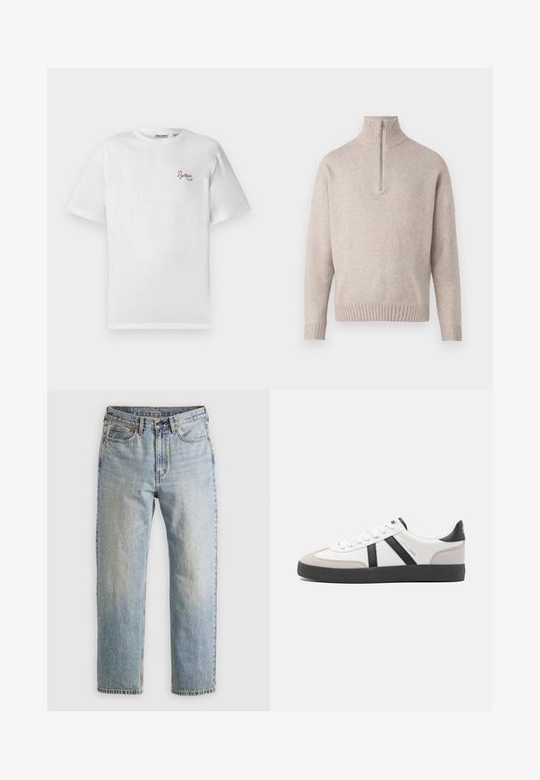 Beige kwart-rits trui in zachte gebreide stof. Voorzien van een ribbelkraag en -manchetten, met een ontspannen pasvorm en naadloos ontwerp.; Witte T-shirt met korte mouwen en kleine bordeauxrode tekst "Dystopia Sounds" op de linkerkant van de borst, ronde hals, op een effen achtergrond.; Lichtblauwe denim jeans met hoge taille, frontknop, rits en vijfzakkenontwerp, plat gelegd op een neutrale achtergrond.; Witte sneaker met zwarte en grijze accenten, voorzien van een grijze neus met textuur, zwarte rubberen zool en platte witte veters. Schoon ontwerp, minimalistische stijl.