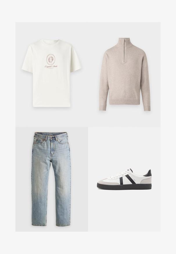 Bežs ceturtdaļas rāvējslēdzēja džemperis, izgatavots no mīkstām adītām šķiedrām. Ar ribotām apkakli un piedurknēm, brīvi izgatavots un bezšuvju dizains.; Krēmkrasas kokvilnas t-krekls ar apaļu kakla izgriezumu, īsām piedurknēm un centrā drukātu dizainu, kas satur ovālu formu un tekstu brūnā krāsā.; Gai zila denima bikses ar augstu jostasvietu, priekšējo pogu, rāvējslēdzēju un piecu kabatu dizainu, izlīdzinātas uz neitrāla fona.; Baltas sneakeris ar melniem un pelēkiem akcentiem, kuram ir teksturēts pelēks purngals, melna gumijas zole un plakanas baltas šņores. Tīrs dizains, minimālisma stils.