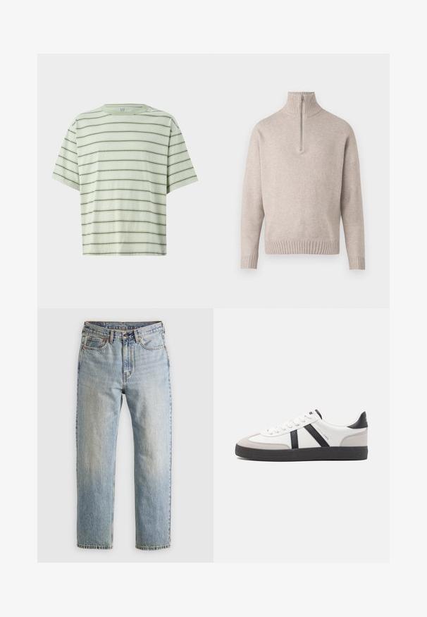 Smėlio spalvos ketvirčio užtrauktuko megztinis iš minkštos mezginio medžiagos. Su išplėstiniu apykakle ir rankogaliais, laisvu pjūviu ir besiūle konstrukcija.; Žalias dryžuotas marškinėliai su trumpomis rankovėmis. Vertikalūs ir horizontalūs dryžiai keičiasi minkšto, tekstūruoto audinio fone. Apvalaus kaklo dizainas.; Šviesiai mėlynos džinsinės kelnės su aukštu liemeniu, priekyje mygtukas, užtrauktukas ir penkių kišenių dizainas, išklotos ant neutralios fono.; Balti sportbačiai su juodais ir pilkais akcentais, pasižymintys tekstūruotu pilku pirštų dangteliu, juoda gumine padais ir plokščiomis baltomis raišteliais. Švarus dizainas, minimalistinis stilius.
