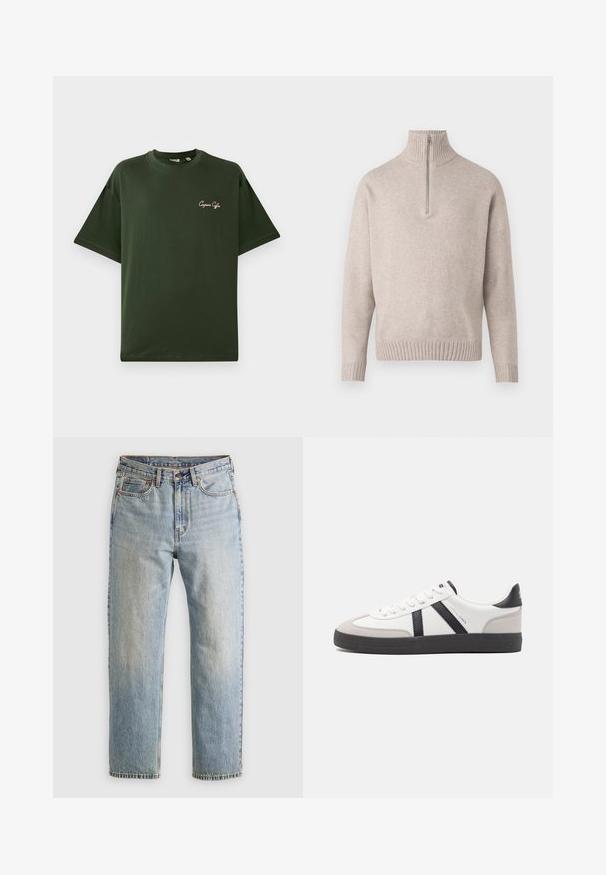 Pulover bej cu fermoar la jumătate dintr-un material tricotat moale. Prezintă un guler și manșete cusute, având o croială lejeră și un design fără cusături.; Tricou verde din bumbac cu mâneci scurte, cu o croială lejeră. Prezintă un mic logo brodat în roz deschis pe partea stângă a pieptului.; Jeans din denim de culoare albastru deschis, cu talie înaltă, nasture frontal, fermoar și design cu cinci buzunare, așezate platesc pe un fundal neutru.; Sneaker alb cu accente negre și gri, având un capac de vârf gri texturat, talpă din cauciuc negru și șireturi plate albe. Design elegant, stil minimalist.