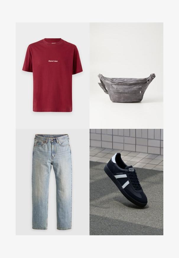 Bež pulover s četrtno zadrgo iz mehkega pletenega materiala. Z ribastim ovratnikom in manšetami, sproščenega kroja in brezšivnim dizajnom.; Burgundska bombažna majica s kratkimi rokavi in okroglim ovratnikom. Spredaj ima belo vezeno besedilo "Originals Studio".; Svetlo modri džins hlače z visokim pasom, sprednjim gumbom, zadrgo in petimi žepi, laid flat na nevtralni podlagi.; Črne usnjene superge z belimi črtami, teksturiran gumijast podplat in zavezovanje spredaj. Imajo označeno oznako na ježku.; Sivkasta zamšasta torbica s okroglo obliko, dvema žepoma na zadrgo in nastavljivim trakom. Ima kovinske dodatke.