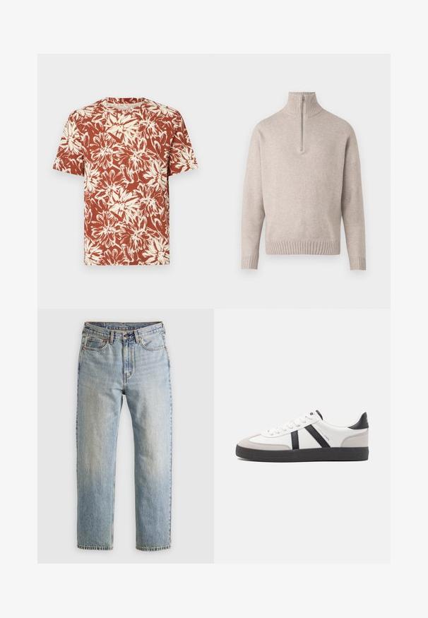 Béžový pulovr s čtvrtzipem ze měkké pleteniny. Obsahuje ribbovaný límec a manžety, má uvolněný střih a bezšvový design.; Tričko s krátkým rukávem v barvě rezaví s květinovým potiskem v krémové barvě, se zaobleným výstřihem a uvolněným střihem. Vyrobeno z lehkého materiálu.; Svetle modré džíny z denimu s vysokým pasem, předním knoflíkem, zipem a designem s pěti kapsami, ležící rovně na neutrálním pozadí.; Bílé tenisky s černými a šedými akcenty, opatřené texturovaným šedým prstovým krytem, černou gumovou podrážkou a plochými bílými tkaničkami. Čistý design, minimalistický styl.