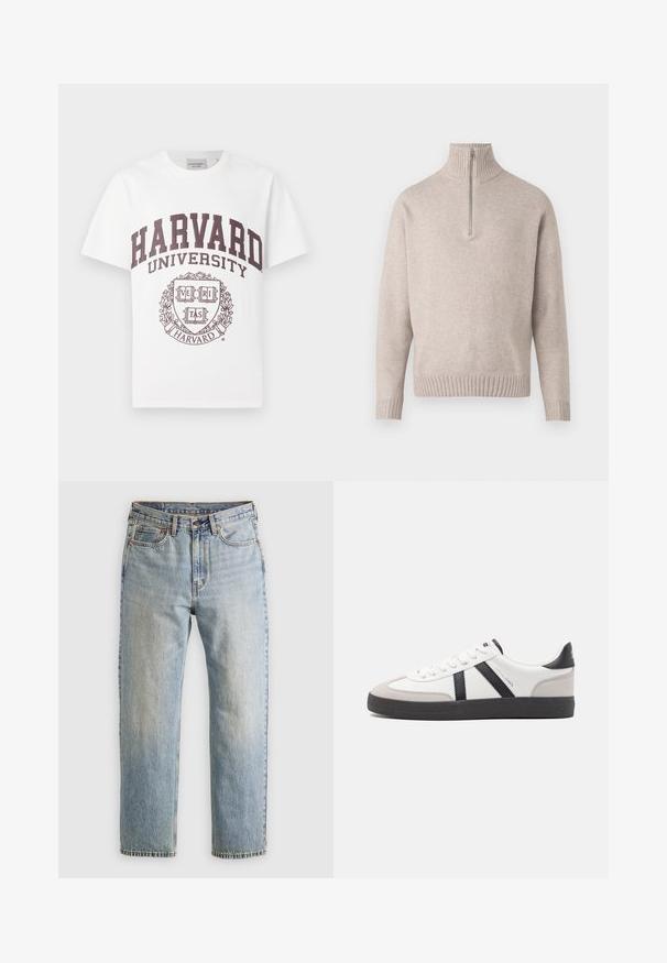 Bežs ceturtdaļas rāvējslēdzēja džemperis, izgatavots no mīkstām adītām šķiedrām. Ar ribotām apkakli un piedurknēm, brīvi izgatavots un bezšuvju dizains.; Balta kokvilnas T-kreklu ar bordo tekstu "HARVARD UNIVERSITY" un centrālo emblēmu ar vārdu "VERITAS" vairoga dizainā.; Gai zila denima bikses ar augstu jostasvietu, priekšējo pogu, rāvējslēdzēju un piecu kabatu dizainu, izlīdzinātas uz neitrāla fona.; Baltas sneakeris ar melniem un pelēkiem akcentiem, kuram ir teksturēts pelēks purngals, melna gumijas zole un plakanas baltas šņores. Tīrs dizains, minimālisma stils.