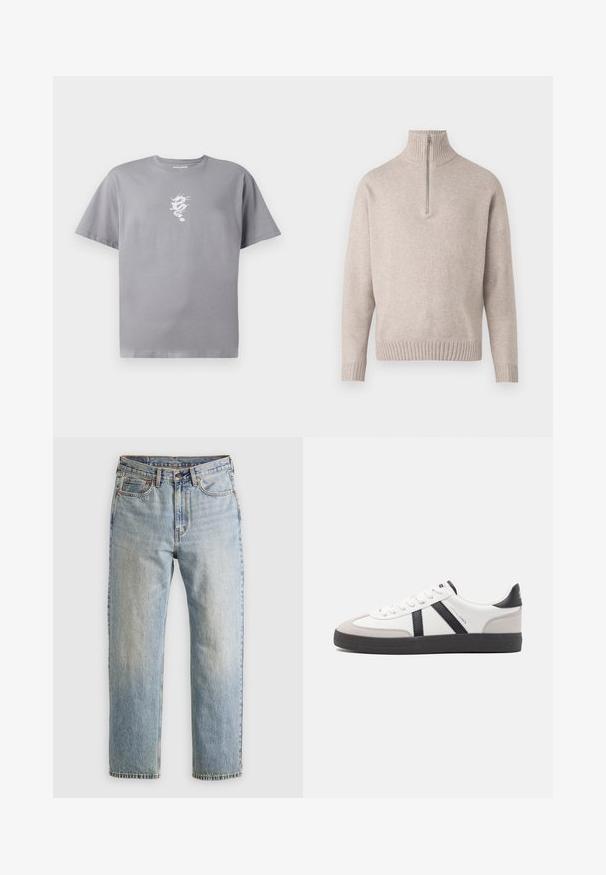 Beige quarter-zip pullover sweater in soft knit fabric. Features ribbed collar and cuffs, with a relaxed fit and seamless design.; Grey cotton t-shirt featuring a white dragon graphic on the left chest, short sleeves, and a relaxed fit with a crew neckline.; Light blue denim jeans with high waist, front button, zipper, and five-pocket design, laid flat on a neutral background.; White sneaker with black and gray accents, featuring a textured gray toe cap, black rubber sole, and flat white laces. Clean design, minimalist style.