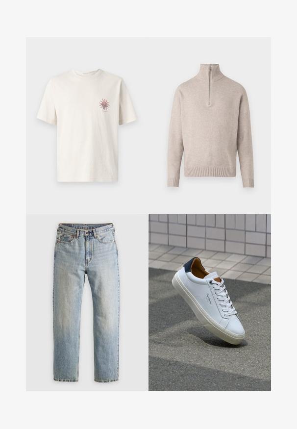 Bežs ceturtdaļas rāvējslēdzēja džemperis, izgatavots no mīkstām adītām šķiedrām. Ar ribotām apkakli un piedurknēm, brīvi izgatavots un bezšuvju dizains.; Kreemkrāsas kokvilnas T-kreklis ar īsām piedurknēm, ar mazu sarkanu saules grafiku kreisajā krūtīs. Standarta apaļā kakla dizains.; Gai zila denima bikses ar augstu jostasvietu, priekšējo pogu, rāvējslēdzēju un piecu kabatu dizainu, izlīdzinātas uz neitrāla fona.; Baltas ādas čības ar tumši zilu papēdi, apaļu purngalu un kontrastējošām brūnām detaļām. Aprīkotas ar plakanu auklu un struktūrētu gumijas zoli.