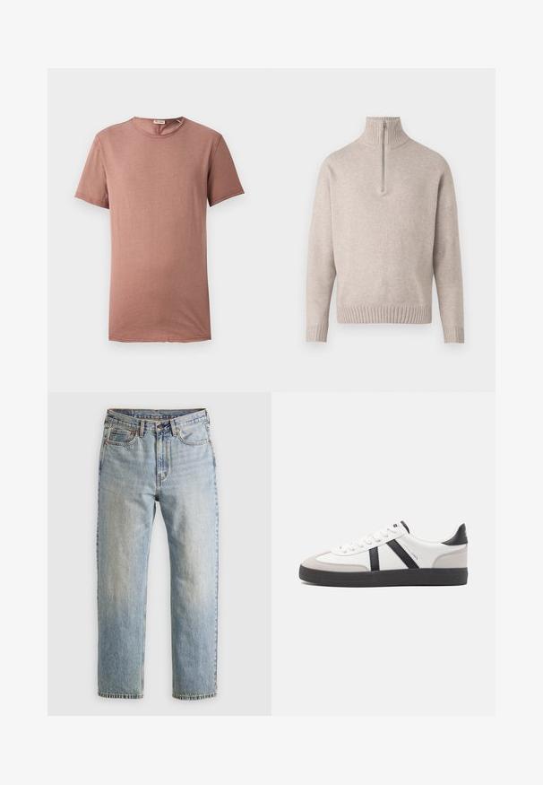 Smėlio spalvos ketvirčio užtrauktuko megztinis iš minkštos mezginio medžiagos. Su išplėstiniu apykakle ir rankogaliais, laisvu pjūviu ir besiūle konstrukcija.; Trumpas rankovės, apvalios apykaklės marškinėliai dulkėto rožių spalvos. Minkšta medžiaga su minimaliais akcentais ir tiesiu siluetu, tinkami kasdieniam dėvėjimui.; Šviesiai mėlynos džinsinės kelnės su aukštu liemeniu, priekyje mygtukas, užtrauktukas ir penkių kišenių dizainas, išklotos ant neutralios fono.; Balti sportbačiai su juodais ir pilkais akcentais, pasižymintys tekstūruotu pilku pirštų dangteliu, juoda gumine padais ir plokščiomis baltomis raišteliais. Švarus dizainas, minimalistinis stilius.