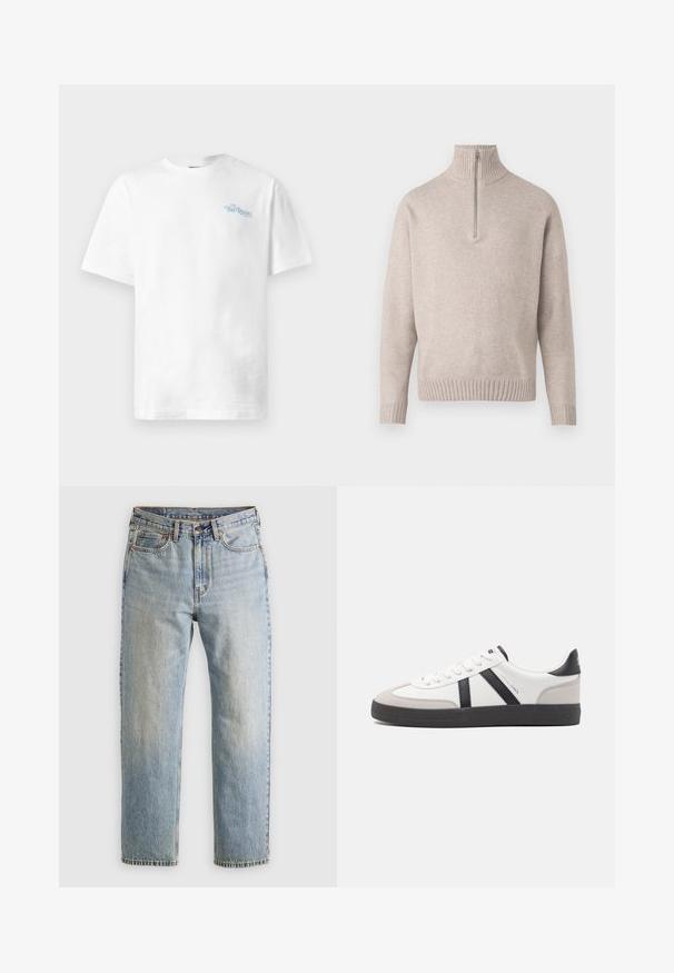 Suéter de punto suave en color beige, con medio cierre en el cuello. Presenta un cuello y puños acanalados, con un ajuste relajado y un diseño sin costuras.; Camiseta de algodón blanca con cuello redondo, mangas cortas y texto azul claro que dice "THE REGAL" en el lado izquierdo del pecho.; Jeans de mezclilla azul claro de cintura alta, con botón frontal, cremallera y diseño de cinco bolsillos, dispuestos sobre un fondo neutro.; Zapatilla blanca con acentos en negro y gris, que presenta una puntera texturizada en gris, suela de goma negra y cordones planos blancos. Diseño limpio, estilo minimalista.