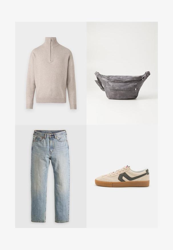 Beige színű, negyedcipzáras pulóver puha kötött anyagból. Bordázott gallérral és mandzsettákkal rendelkezik, laza szabású és varrás nélküli kialakítással.; Világoskék farmernadrág magas derékkal, elülső gombbal, cipzárral és öt zsebbel, sima háttérre fektetve.; Beige velúr sneakers sötétzöld oldalcsíkkal, texturált barna gumitalppal és világosszürke belső béléssel. Klasszikus fűzős kialakítás.; Szürke velúr övtáska kerek formával, két cipzáras rekesszel és állítható pánttal. Fém dekorációval rendelkezik.