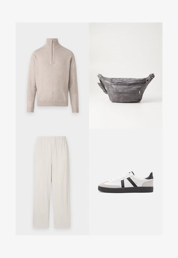 Beige puolipohjepusero pehmeästä neulekankaasta. Ominaisuuksiin kuuluvat ribbetty kaulus ja hihansuut, rento istuvuus ja saumatön muotoilu.; Beige ribbade leve bukser med elastisk talje. Har lodrette striber og et blødt, tekstureret stof.; Valkoiset lenkkarit mustilla ja harmailla yksityiskohdilla, joissa on teksturoitu harmaa kärki, musta kumipohja ja litteät valkoiset nauhat. Siisti muotoilu, minimalistinen tyyli.; Harso harmaa samettinen vyölaukku pyöreällä muotoilulla, kahdella vetoketjullisella osastolla ja säädettävällä hihnalla. Varustettu metallisilla varusteilla.