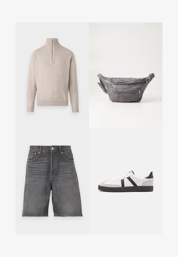 Beige puolipohjepusero pehmeästä neulekankaasta. Ominaisuuksiin kuuluvat ribbetty kaulus ja hihansuut, rento istuvuus ja saumatön muotoilu.; Tummanharmaat farkkushortsit, joissa on suora leikkaus. Varustettu viidellä taskulla, vyötäröllä vyölenkit ja nappisuljenta.; Valkoiset lenkkarit mustilla ja harmailla yksityiskohdilla, joissa on teksturoitu harmaa kärki, musta kumipohja ja litteät valkoiset nauhat. Siisti muotoilu, minimalistinen tyyli.; Harso harmaa samettinen vyölaukku pyöreällä muotoilulla, kahdella vetoketjullisella osastolla ja säädettävällä hihnalla. Varustettu metallisilla varusteilla.