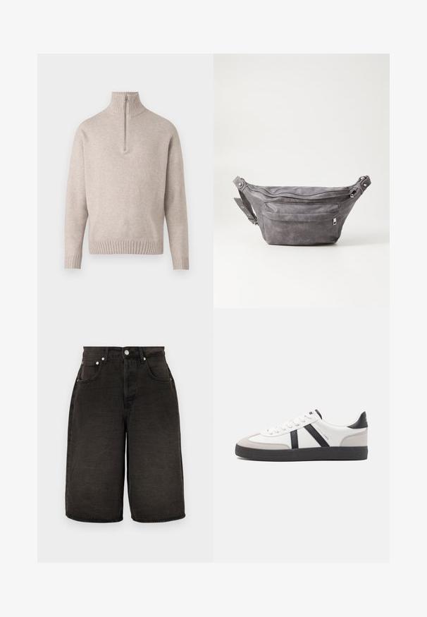 Beige quarter-zip pullover sweater in soft knit fabric. Features ribbed collar and cuffs, with a relaxed fit and seamless design.; Black denim shorts with a straight cut, featuring front pockets, a zip fly, and textured fabric with subtle creases. Silver hardware accents.; White sneaker with black and gray accents, featuring a textured gray toe cap, black rubber sole, and flat white laces. Clean design, minimalist style.; Gray suede fanny pack with a rounded shape, two zippered compartments, and adjustable strap. Features metal hardware accents.