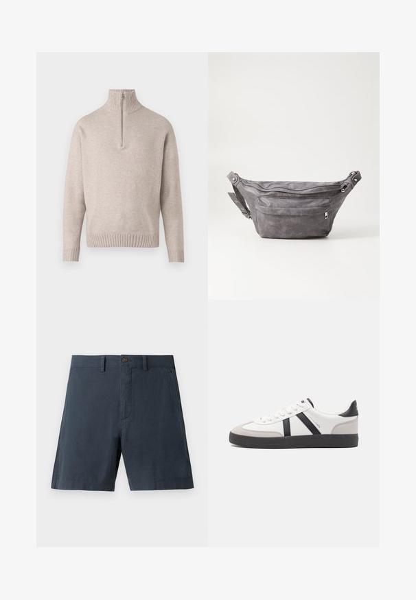 Beige quarter-zip pullover sweater in soft knit fabric. Features ribbed collar and cuffs, with a relaxed fit and seamless design.; Navy blue shorts made of cotton blend fabric, featuring a button closure, side pockets, and a straight-leg design.; White sneaker with black and gray accents, featuring a textured gray toe cap, black rubber sole, and flat white laces. Clean design, minimalist style.; Gray suede fanny pack with a rounded shape, two zippered compartments, and adjustable strap. Features metal hardware accents.