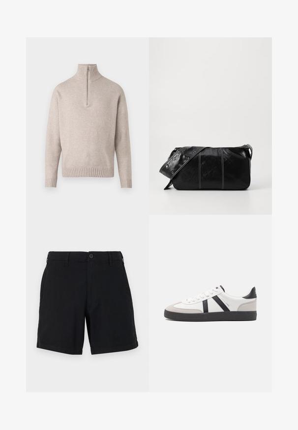 Beige kvartzip-pullovertröja i mjukt stickat material. Har ribbad krage och muddar, med en avslappnad passform och sömlös design.; Svarta bomullsshorts med knappstängning, sidfickor och rak bendesign. Tyget har en slät yta och en enkel finish.; Vit sneaker med svarta och grå accenter, med en strukturerad grå tådel, svart gummisul, och platta vita skosnören. Ren design, minimalistisk stil.; Svart läder axelväska med dragkedjestängning, som har en texturerad yta, vit sömnad och ett bälte med silveröglor.