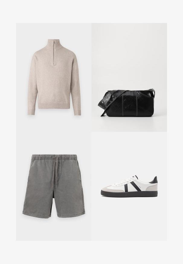 Beige neljandiku-kraega kapuutsiga sviiter pehmest kudumiskangast. Omab soonikkoes krae ja varrukaääri, lõdva istuvuse ja sujuva disainiga.; Hallide hallist puuvillast lühikesed püksid, milles on elastne vöökoht ja nöör, sirge lõike ning üks küljetasku. Sile tekstuur ja juhuslik disain.; Valged tossud mustade ja hallide aktsentidega, tekstureeritud halli varbakattega, musta kummitald ja lamedad valged paelad. Puhtad jooned, minimalistlik stiil.; Must mustra nahkainine õlakott, millel on tõmblukk, tekstureeritud pind, valged õmblused ja rihm hõbedaste rõngastega.