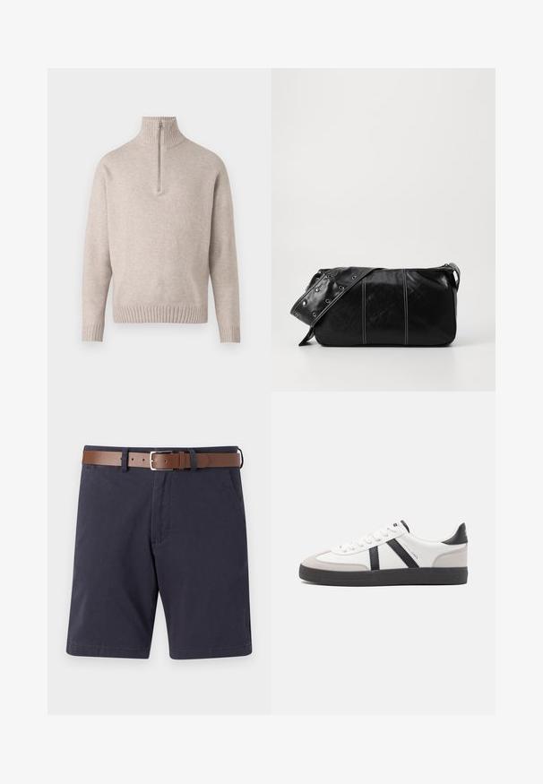 Pull en tricot beige à fermeture éclair quart, fabriqué dans un tissu doux. Présente un col et des poignets côtelés, avec une coupe décontractée et un design sans coutures.; Shorts bleu marine en coton avec une ceinture en cuir marron. Présente deux poches avant, une coupe droite et une texture lisse.; Baskets blanches avec des accents noirs et gris, présentant un embout texturé gris, une semelle en caoutchouc noir et des lacets plats blancs. Design épuré, style minimaliste.; Sac à épaule en cuir noir avec une fermeture éclair, doté d'un corps texturé, de coutures blanches et d'une sangle avec des œillets en argent.