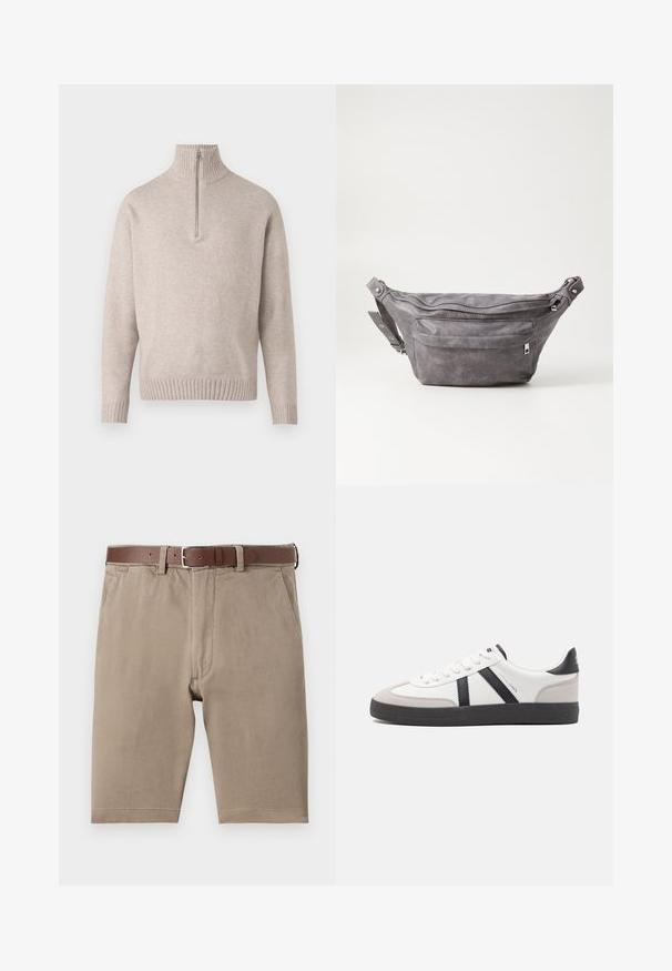 Pull en tricot beige à fermeture éclair quart, fabriqué dans un tissu doux. Présente un col et des poignets côtelés, avec une coupe décontractée et un design sans coutures.; Shorts en coton beige à coupe droite, dotés d'une ceinture en cuir marron et de poches latérales, avec une texture lisse et des ourlets soigneusement finis.; Baskets blanches avec des accents noirs et gris, présentant un embout texturé gris, une semelle en caoutchouc noir et des lacets plats blancs. Design épuré, style minimaliste.; Sac banane en suède gris avec une forme arrondie, deux compartiments zippés et une sangle réglable. Comprend des accents en métal.