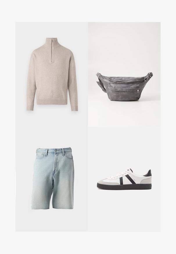 Beige puolipohjepusero pehmeästä neulekankaasta. Ominaisuuksiin kuuluvat ribbetty kaulus ja hihansuut, rento istuvuus ja saumatön muotoilu.; Vaaleansiniset farkkuhousut, joissa on korkea vyötärö, viisi taskua ja nappisulku. Kangas on hieman kuluneen näköinen ja haalistunut.; Valkoiset lenkkarit mustilla ja harmailla yksityiskohdilla, joissa on teksturoitu harmaa kärki, musta kumipohja ja litteät valkoiset nauhat. Siisti muotoilu, minimalistinen tyyli.; Harso harmaa samettinen vyölaukku pyöreällä muotoilulla, kahdella vetoketjullisella osastolla ja säädettävällä hihnalla. Varustettu metallisilla varusteilla.