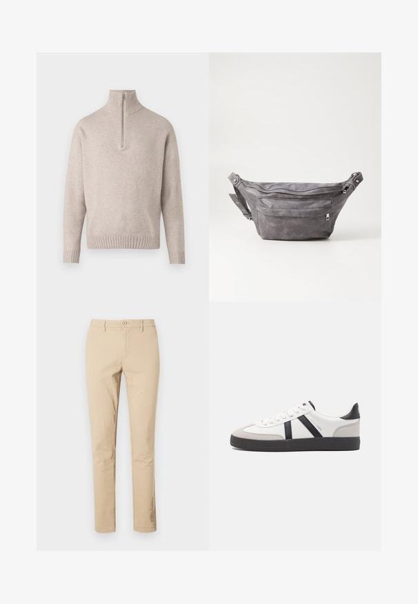 Smėlio spalvos ketvirčio užtrauktuko megztinis iš minkštos mezginio medžiagos. Su išplėstiniu apykakle ir rankogaliais, laisvu pjūviu ir besiūle konstrukcija.; Bežinės medvilnės kelnės su klasikiniu siluetu, užtrauktuku ir sagčiu, diržo kilpomis ir švariomis sijomis. Nėra matomų raštų ar akcentų.; Balti sportbačiai su juodais ir pilkais akcentais, pasižymintys tekstūruotu pilku pirštų dangteliu, juoda gumine padais ir plokščiomis baltomis raišteliais. Švarus dizainas, minimalistinis stilius.; Pilkas suedes fanny pack'as apvalios formos, su dviem užtraukiamais skyreliais ir reguliuojama diržele. Yra metaliniai aksesuarai.