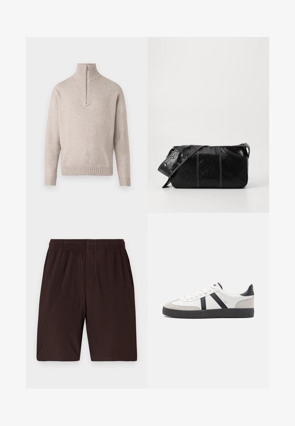Suéter de punto suave en color beige, con medio cierre en el cuello. Presenta un cuello y puños acanalados, con un ajuste relajado y un diseño sin costuras.; Pantalones cortos marrones con pliegues que cuentan con una cinturilla elástica y bolsillos, confeccionados en una tela liviana. El dobladillo llega justo por encima de la rodilla.; Zapatilla blanca con acentos en negro y gris, que presenta una puntera texturizada en gris, suela de goma negra y cordones planos blancos. Diseño limpio, estilo minimalista.; Bolso de hombro de cuero negro con cierre de cremallera, que presenta un cuerpo texturizado, costuras blancas y una correa con ojales plateados.