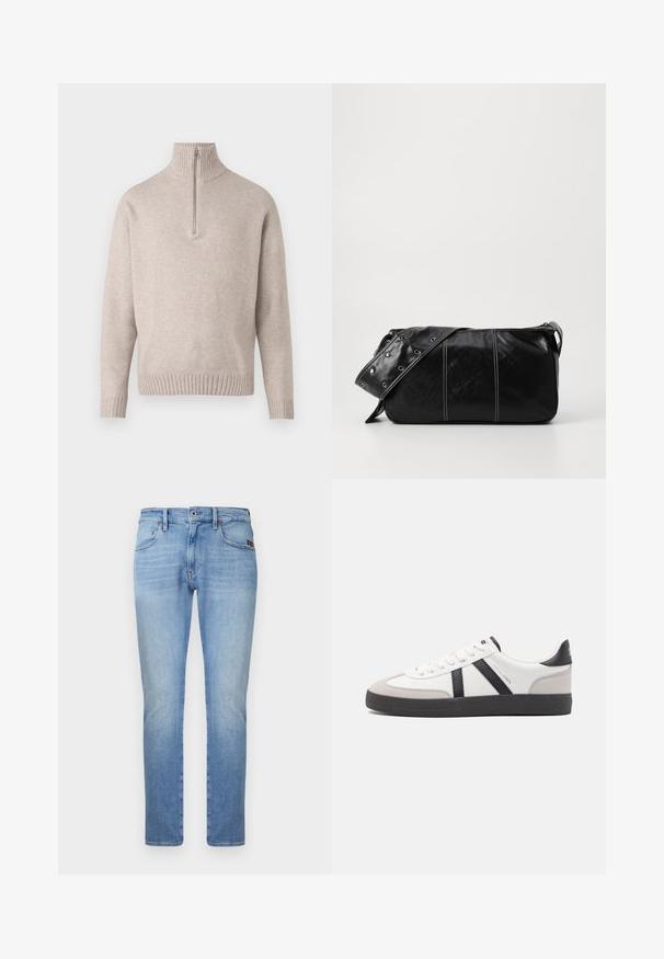 Beige színű, negyedcipzáras pulóver puha kötött anyagból. Bordázott gallérral és mandzsettákkal rendelkezik, laza szabású és varrás nélküli kialakítással.; Világoskék farmernadrág, egyenes lábformával, öt zsebbel, fémből készült gombbal és finom kopásmintázattal a combokon.; Fehér sneaker fekete és szürke részletekkel, textúrált szürke orr résszel, fekete gumitalppal és lapos fehér fűzőkkel. Tiszta dizájn, minimalista stílus.; Fekete bőr válltáska, cipzárral zárva, texturált felülettel, fehér varrással és ezüst fémgyűrűs pánttal.