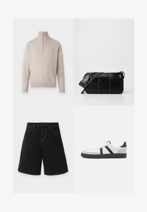 Pull en tricot beige à fermeture éclair quart, fabriqué dans un tissu doux. Présente un col et des poignets côtelés, avec une coupe décontractée et un design sans coutures.; Shorts en denim noir à coupe droite, avec des coutures blanches contrastantes, des poches avant et une taille à bouton. Texture lisse.; Baskets blanches avec des accents noirs et gris, présentant un embout texturé gris, une semelle en caoutchouc noir et des lacets plats blancs. Design épuré, style minimaliste.; Sac à épaule en cuir noir avec une fermeture éclair, doté d'un corps texturé, de coutures blanches et d'une sangle avec des œillets en argent.