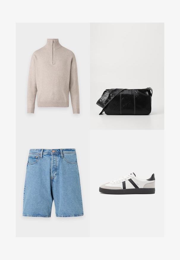 Beige kwart-rits trui in zachte gebreide stof. Voorzien van een ribbelkraag en -manchetten, met een ontspannen pasvorm en naadloos ontwerp.; Lichtblauwe denim short met een klassieke pasvorm, vijf zakken en contrasterende stiksels. Heeft een knoopsluiting en een gefranjerde zoom.; Witte sneaker met zwarte en grijze accenten, voorzien van een grijze neus met textuur, zwarte rubberen zool en platte witte veters. Schoon ontwerp, minimalistische stijl.; Zwarte leren schoudertas met een ritsluiting, voorzien van een gestructureerd lichaam, witte stiksels en een band met zilveren oogjes.