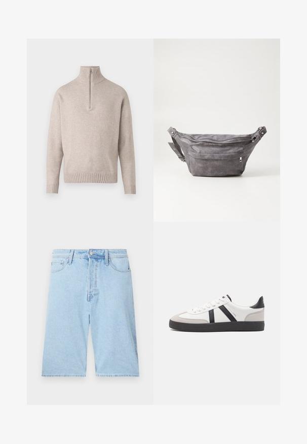 Beige puolipohjepusero pehmeästä neulekankaasta. Ominaisuuksiin kuuluvat ribbetty kaulus ja hihansuut, rento istuvuus ja saumatön muotoilu.; Vaaleansiniset farkkushortsit suora leikkaus, viisi taskua ja edessä nappikiinnitys. Pehmeä kangas, jossa on minimaalista haalistumista.; Valkoiset lenkkarit mustilla ja harmailla yksityiskohdilla, joissa on teksturoitu harmaa kärki, musta kumipohja ja litteät valkoiset nauhat. Siisti muotoilu, minimalistinen tyyli.; Harso harmaa samettinen vyölaukku pyöreällä muotoilulla, kahdella vetoketjullisella osastolla ja säädettävällä hihnalla. Varustettu metallisilla varusteilla.