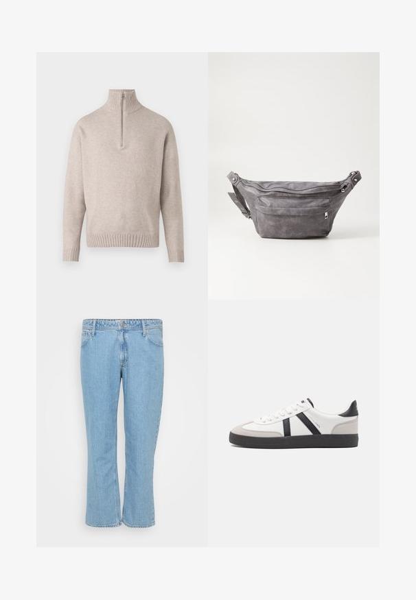 Beige neljandiku-kraega kapuutsiga sviiter pehmest kudumiskangast. Omab soonikkoes krae ja varrukaääri, lõdva istuvuse ja sujuva disainiga.; Heledad sinine teksapüksid sirge lõikega, viie taskuga disain ja nööpkinnitusega vöökoht.; Valged tossud mustade ja hallide aktsentidega, tekstureeritud halli varbakattega, musta kummitald ja lamedad valged paelad. Puhtad jooned, minimalistlik stiil.; Hallikate nahast vöö kott, millel on ümar kuju, kaks tõmblukuga taskut ning reguleeritav rihm. Varustatud metallist detailide aktsentidega.