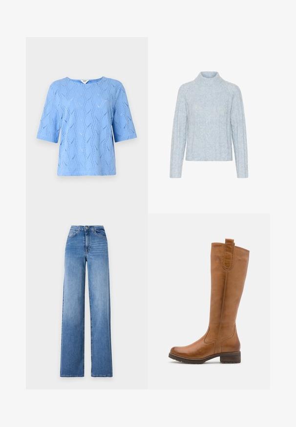 Lyseblå strikket sweater med høj hals, der har teksturerede kabelmønstre og lange ærmer, lavet af blødt, fluffy materiale.; Lys blå kortærmet top med bølgemønster og udskæringsdetaljer. Rund halsudskæring, afslappet pasform, fremstillet af struktureret stof.; Lyseblå vide denimbukser med høj talje, frontlommer og standard knaplukning. Glat tekstur.; Anna Field LEATHER - Høje støvler/ Støvler - cognac