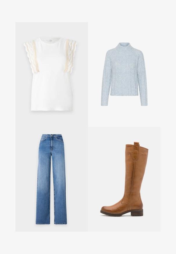 Light blue knitted sweater with a high neckline, featuring textured cable patterns and long sleeves, made from soft, fluffy material.; White t-shirt with scalloped, beige lace accents on sleeves. Soft cotton material, crew neckline, regular fit. Smooth texture, no patterns.; Light blue wide-leg jeans made of denim, featuring a high waist, front pockets, and a standard button closure. Smooth texture.; Anna Field LEATHER - Boots - cognac
