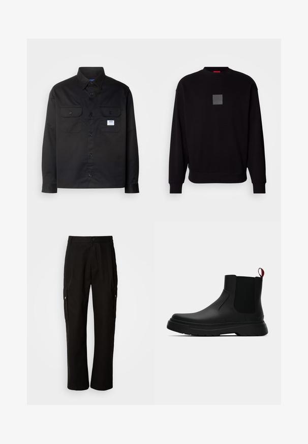 Mustra musta dressipluus pikade varrukatega, ümar kaelus, ees hall ruudukujuline logo, pehme tekstuur ning soonikkoes varrukate ja allääre juures.; Must värviline pikkade varrukatega särk, mis on valmistatud puuvillast. Omab nööpidega kinnitust, kahte rinna taskut ja väikest logo sildi vasakul taskul.; Mustad mustadeks rõivasteks mõeldud puuvillased püksid, millel on lõdva istuvuse disain, küljetaskud, nööbiga sulgemine ja sirged sääred. Lihtne disain ilma mustriteta.; Mustad musta värvi ankle boot, millel on sile viimistlus, elastsed külgpaneelid ja kontrastne punane tõmbetaba. Saapadel on paks kummist tald ja ümar varvas.
