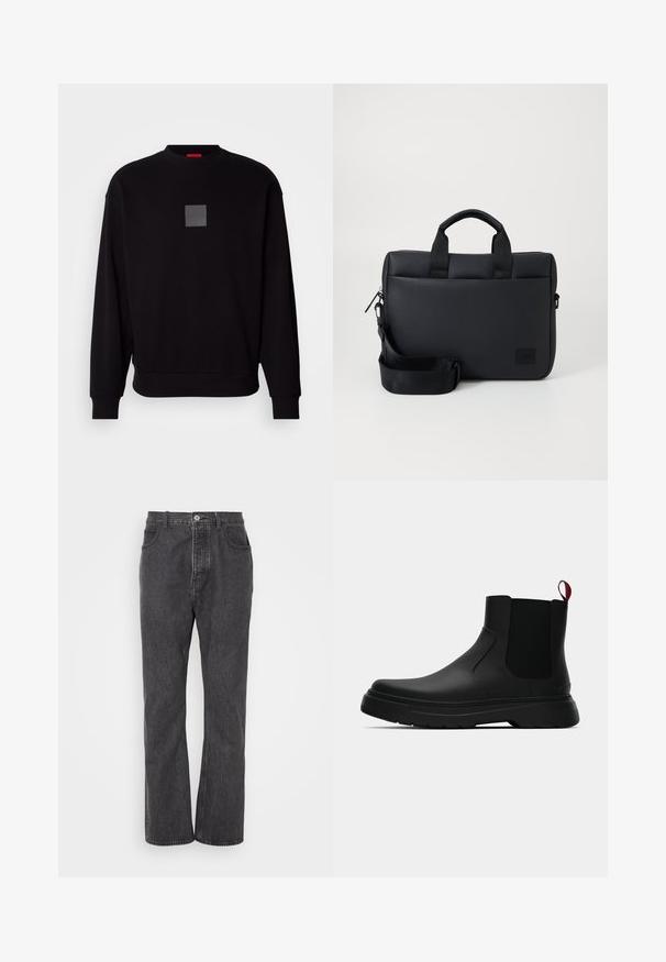 Fekete pulóver hosszú ujjal, kerek nyakkivágással, elülső szürke négyzet logóval, puha tapintással, valamint bordázott mandzsettákkal és szegéllyel.; Fekete farmernadrág egyenes szárú dizájnnal, elöl gombos záródással, övakasztókkal és finom kopással a textúra érdekében.; Fekete bokacipő sima felülettel, ruganyos oldalsó panelek és kontrasztos piros húzópánt jellemzi, vastag gumitalppal és lekerekített orral.; Fekete textúrájú laptop táska dupla felső fogantyúkkal, levehető pánttal, cipzáras záródással és egy kis logóval a márkázáshoz.