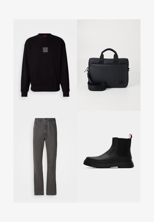 Schwarze Sweatshirt mit langen Ärmeln, rundem Ausschnitt, grauem quadratischen Logo auf der Vorderseite, weicher Textur und gerippten Bündchen und Saum.; Graue Denim-Jeans im geraden Schnitt, mit frontalen Taschen, einem Knopfverschluss und subtiler Textur.; Schwarze Knöchelstiefel mit glatter Oberfläche, elastischen Seitenpaneelen und einem kontrastierenden roten Zuglasche, ausgestattet mit einer dicken Gummisohle und einer runden Zehenpartie.; Schwarze, strukturierte Laptoptasche mit zwei oberen Griffen, abnehmbarem Schultergurt, Reißverschluss und einem kleinen Logo-Patch zur Markenkennzeichnung.