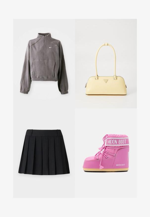 Harmaa fleece-pullover, jossa on neljänneksen vetoketju, joustavat hihansuut ja helma, etutasku ja pieni valkoinen logo vasemmassa rinnassa.; Mustat laskostetut hameet, joissa on räätälöity vyötärö, valmistettu kevyestä kankaasta. Ominaisuudet: tasaisesti jakautuneet laskokset ja yksinkertainen, siisti muotoilu.; Vaaleanpunainen Moon Boot, jossa on korkeampi varsi, teksturoitu kangas, koristeelliset nauhat ja brändätty hihna. Sisältää kestävän pohjan vakauden takaamiseksi.; Keltainen kiiltävä laukku, jossa on pyöreä muoto, yksi yläp käsikahva ja hopeinen logo-levy. Varusteena vetoketjukiinnitys ja sileä pinta.